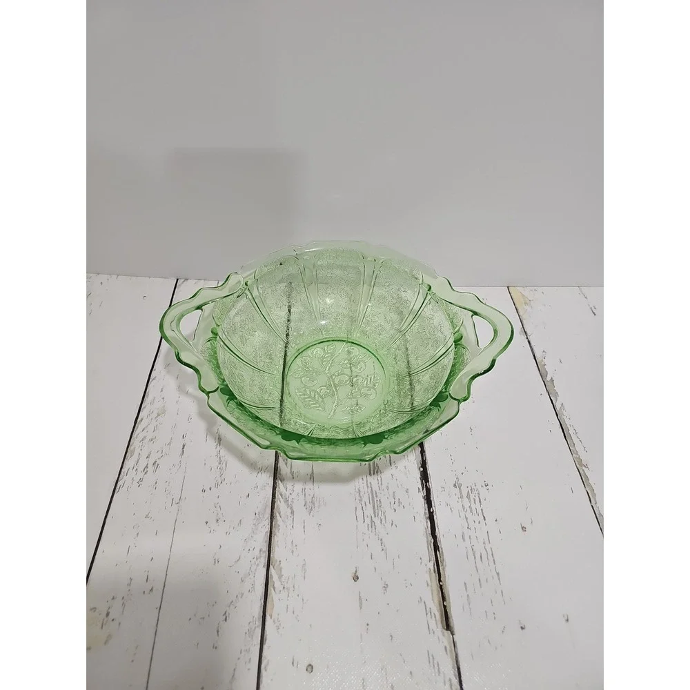 VTG Jeanette Cherry Blossom Green Depression Glass Serving Bowl with handles